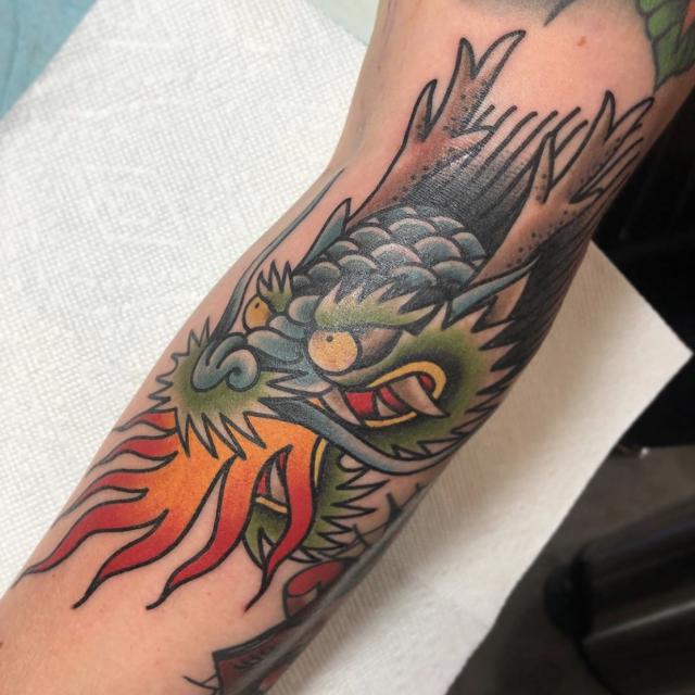 dragon, dragon tattoo, american traditional, color tattoo, arm
