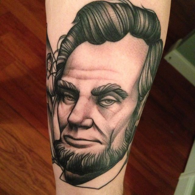 Abe Lincoln, black and gray, illustrative portrait tattoo